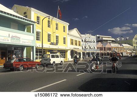 Bermuda, Hamilton, People driving mopeds along Front Street in the town of Hamilton in Bermuda., View Large Photo Image Stock Image - Bermuda, Hamilton, People driving mopeds along Front Street in the town of Hamilton in Bermuda., . Fotosearch