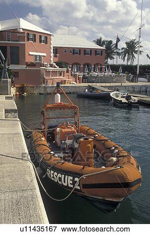 Bermuda, Hamilton, Rescue boat at Royal Bermuda Yacht Club on Hamilton Harbor in Bermuda., View Large Photo Image Stock Photo - Bermuda, Hamilton, Rescue boat at Royal Bermuda Yacht Club on Hamilton Harbor in Bermuda., . Fotosearch
