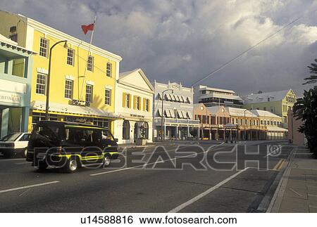 Stock Photograph -  Bermuda, Hamilton, Shops along Front Street in the town of Hamilton in Bermuda., . Fotosearch