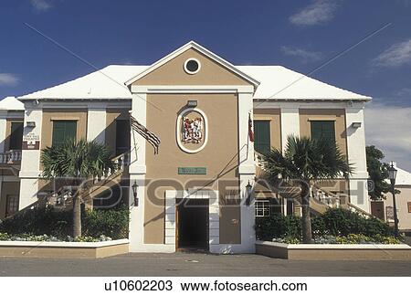 Stock Image -  Bermuda, St. George's Parish, Old Town Hall in St George in Bermuda., . Fotosearch
