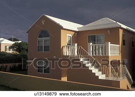 Stock Photo -  Bermuda, St. George's Parish, Pink house in St George in Bermuda . Fotosearch