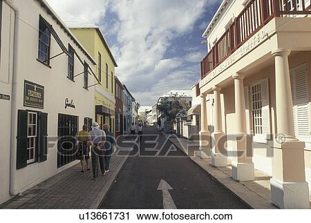 Stock Image -  Bermuda, St. George's Parish, Shops along Water Street in St George in Bermuda., . Fotosearch