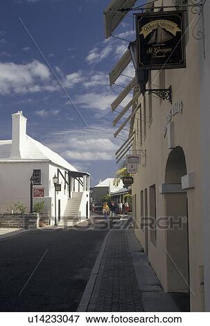 Bermuda, St. George's Parish, Shops along Water Street in St George in Bermuda., View Large Photo Image Stock Photo - Bermuda, St. George's Parish, Shops along Water Street in St George in Bermuda., . Fotosearch