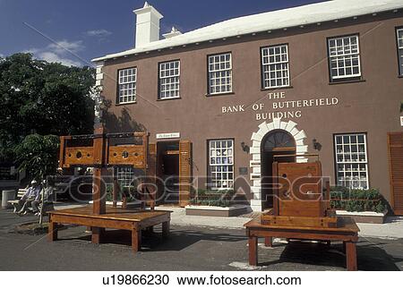 Bermuda, St. George's Parish, Stockades in Front of the Bank of Butterfield Building in King's Square in St George in Bermuda., View Large Photo Image Stock Image - Bermuda, St. George's Parish, Stockades in Front of the Bank of Butterfield Building in King's Square in St George in Bermuda., . Fotosearch