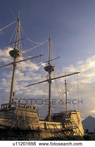 Stock Photograph -  Bermuda, St. George's Parish, The Deliverance Replica on Ordinance Island in St George in Bermuda., . Fotosearch