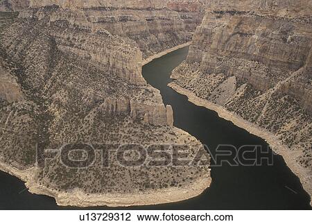 Stock Image -  Bighorn River, Devil Canyon, Bighorn Canyon National Recreation Area, MT, WY, Montana, Wyoming, Scenic view of the Bighorn River from Devil Canyon Overlook in Bighorn Canyon Nat'l Recreation Area in Montana.. Fotosearch