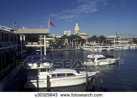 Stock Image -  Biscayne Bay, Miami, FL, Florida, Atlantic Ocean, Bayside Marketplace, a shopping, dining, entertainment mecca, on Biscayne Bay in downtown Miami.. Fotosearch