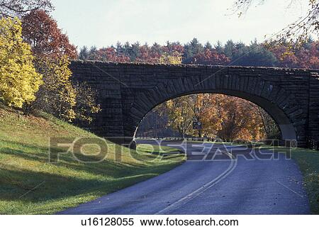Stock Photography -  Blue Ridge, bridge, road, VA, Virginia, Scenic Blue Ridge Parkway winds under a stone bridge in autumn in Virginia.. Fotosearch
