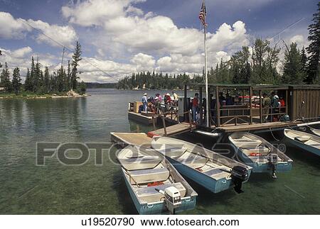 Stock Image -  boats, Grand Teton National Park, Jenny Lake, WY, Jackson Hole, Wyoming, Boat rentals on Jenny Lake in Grand Teton Nat'l Park in Wyoming.. Fotosearch