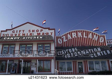 Stock Image -  Branson, MO, Missouri, 76 Country Boulevard, The Strip, Souvenir shop and Ozarkland Visitor Information Center in Branson.. Fotosearch