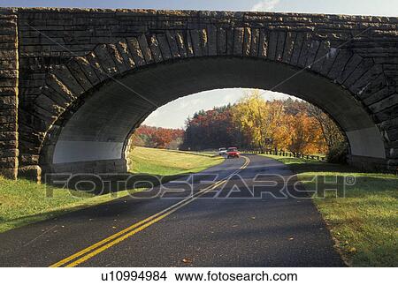 Picture -  bridge, Blue Ridge, road, VA, Virginia, Stone bridge crosses the scenic Blue Ridge Parkway in autumn in Virginia.. Fotosearch