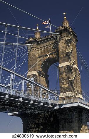 bridge, Cincinnati, OH, Ohio, John A. Roebling Suspension Bridge crosses the Ohio River in Cincinnati. View Large Photo Image Stock Photo - bridge, Cincinnati, OH, Ohio, John A. Roebling Suspension Bridge crosses the Ohio River in Cincinnati.. Fotosearch