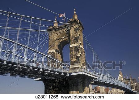 bridge, Cincinnati, OH, Ohio, John A. Roebling Suspension Bridge crosses the Ohio River in Cincinnati. View Large Photo Image Stock Photography -  bridge, Cincinnati, OH, Ohio, John A. Roebling Suspension Bridge crosses the Ohio River in Cincinnati.. Fotosearch