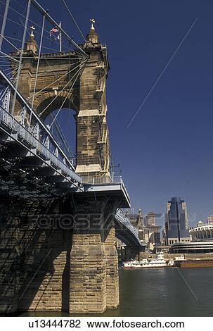 bridge, Cincinnati, OH, Ohio, Ohio River, John A. Roebling Suspension Bridge spans across the Ohio River in Cincinnati. View Large Photo Image Stock Image - bridge, Cincinnati, OH, Ohio, Ohio River, John A. Roebling Suspension Bridge spans across the Ohio River in Cincinnati.. Fotosearch