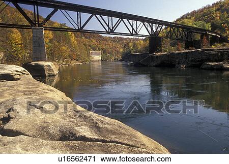 Stock Image -  bridge, river, New River Gorge, WV, West Virginia, Railroad bridge crosses over New River in autumn.. Fotosearch