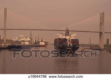bridge, Savannah, GA, Georgia, A cargo ship passes under Talmadge Memorial Bridge which crosses the Savannah River in the early morning light in Savannah. View Large Photo Image Stock Photograph - bridge, Savannah, GA, Georgia, A cargo ship passes under Talmadge Memorial Bridge which crosses the Savannah River in the early morning light in Savannah.. Fotosearch