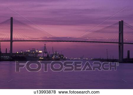 bridge, Savannah, GA, Georgia, Talmadge Memorial Bridge crossing the Savannah River at dusk in Savannah. View Large Photo Image Stock Photo - bridge, Savannah, GA, Georgia, Talmadge Memorial Bridge crossing the Savannah River at dusk in Savannah.. Fotosearch