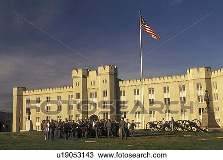 Stock Image -  cadets, Virginia Military Institute, VMI, Lexington, VA, college, Virginia, Band practice outside the Barracks on the campus of Virginia Military Institute in Lexington.. Fotosearch