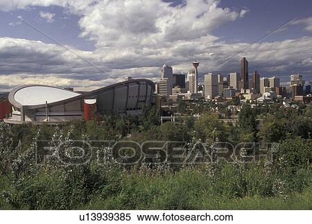 Calgary, skyline, Canada, Alberta, View of the Canadian Airlines Saddledome and the downtown skyline of Calgary. View Large Photo Image Stock Photography -  Calgary, skyline, Canada, Alberta, View of the Canadian Airlines Saddledome and the downtown skyline of Calgary.. Fotosearch