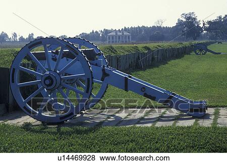 Stock Photo -  cannon, New Orleans, LA, Jean Lafitte National Historical Park, Louisiana, Cannon at Battery 6 on the grounds of the Chalmette Battlefield and National Cemetery at Jean Lafitte Nat'l Historical Park and Preserve in Louisiana.. Fotosearch