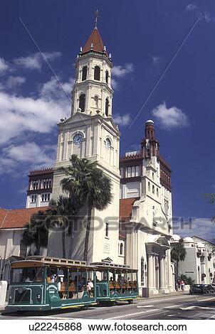 cathedral, St. Augustine, FL, Florida, Sightseeing train passes in front of the Cathedral of St. Augustine, in the Old City, is the seat of the oldest Catholic parish in the USA, in Saint Augustine. View Large Photo Image Stock Photo - cathedral, St. Augustine, FL, Florida, Sightseeing train passes in front of the Cathedral of St. Augustine, in the Old City, is the seat of the oldest Catholic parish in the USA, in Saint Augustine.. Fotosearch