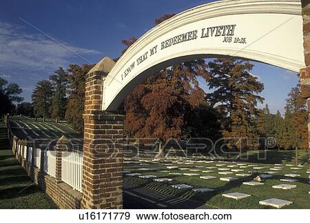 Stock Photo -  cemetery, Moravian, Winston-Salem, NC, North Carolina, Entrance to God's Acre, the Moravian cemetery, in Winston-Salem.. Fotosearch