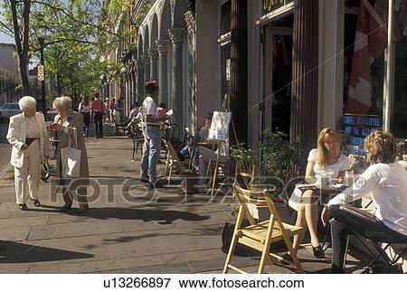 Stock Photo -  Charleston, outdoor cafT, South Carolina, SC, Outdoor cafTs along Meeting Street in downtown Charleston in the spring.. Fotosearch