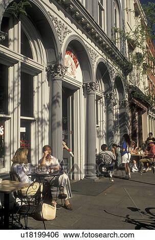 Stock Photograph -  Charleston, outdoor cafT, South Carolina, SC, Outdoor cafT along Meeting Street in downtown Charleston in the spring.. Fotosearch