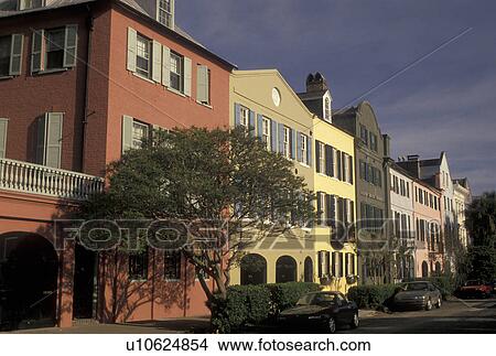 Charleston, South Carolina, SC, Rainbow Row, a collection of colorful historical houses, along East Bay Street in Charleston in the spring. View Large Photo Image Picture - Charleston, South Carolina, SC, Rainbow Row, a collection of colorful historical houses, along East Bay Street in Charleston in the spring.. Fotosearch