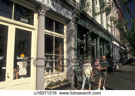 Charleston, South Carolina, SC, Shops along Meeting Street in downtown Charleston in the spring. View Large Photo Image Stock Photograph - Charleston, South Carolina, SC, Shops along Meeting Street in downtown Charleston in the spring.. Fotosearch