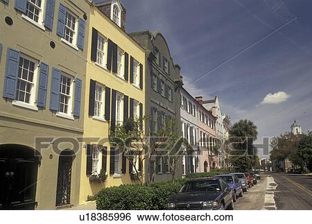 Charleston, South Carolina, SC, Rainbow Row a collection of colorful historical houses, along East Bay Street in Charleston in the spring. View Large Photo Image Stock Photograph - Charleston, South Carolina, SC, Rainbow Row a collection of colorful historical houses, along East Bay Street in Charleston in the spring.. Fotosearch