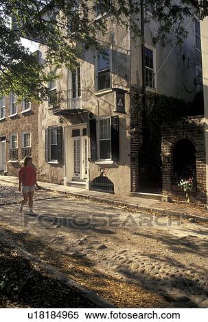 Charleston, South Carolina, SC, Historic houses along a narrow cobblestone street in Charleston in the spring. View Large Photo Image Stock Photography - Charleston, South Carolina, SC, Historic houses along a narrow cobblestone street in Charleston in the spring.. Fotosearch