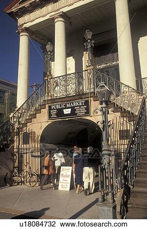 Charleston, The Old City Market, South Carolina, SC, Entrance to Public Market in Market Hall in downtown Charleston in the spring. View Large Photo Image Stock Image - Charleston, The Old City Market, South Carolina, SC, Entrance to Public Market in Market Hall in downtown Charleston in the spring.. Fotosearch