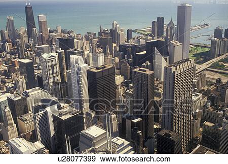 Chicago, IL, aerial, Illinois, Aerial view of downtown Chicago and Lake Michigan from the Sears Tower. View Large Photo Image Stock Photo - Chicago, IL, aerial, Illinois, Aerial view of downtown Chicago and Lake Michigan from the Sears Tower.. Fotosearch