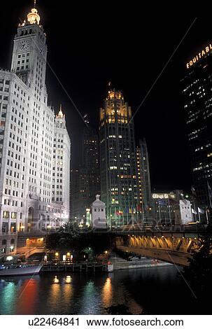 Chicago, IL, bridge, skyline, Chicago River, Illinois, Michigan Avenue Bridge and downtown skyline of Chicago illuminated at night along the Chicago River. View Large Photo Image Stock Image - Chicago, IL, bridge, skyline, Chicago River, Illinois, Michigan Avenue Bridge and downtown skyline of Chicago illuminated at night along the Chicago River.. Fotosearch