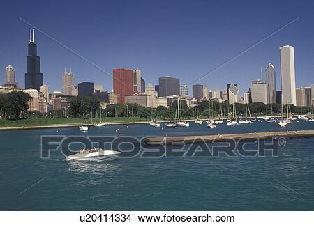 Chicago, IL, Illinois, Lake Michigan, Boating on Chicago Harbor. View the downtown skyline of Chicago. View Large Photo Image Picture - Chicago, IL, Illinois, Lake Michigan, Boating on Chicago Harbor. View the downtown skyline of Chicago.. Fotosearch