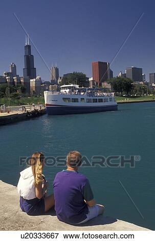 Chicago, IL, Illinois, Lake Michigan, skyline, Scenic view of Chicago Harbor the downtown skyline of Chicago from Grant Park. View Large Photo Image Stock Photo - Chicago, IL, Illinois, Lake Michigan, skyline, Scenic view of Chicago Harbor the downtown skyline of Chicago from Grant Park. . Fotosearch
