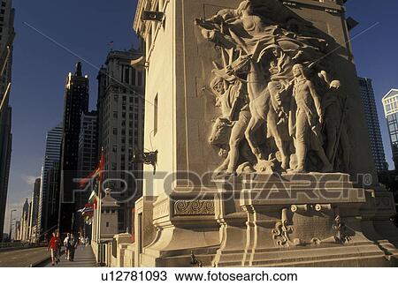 Stock Image -  Chicago, IL, Illinois, Sculpture on Michigan Avenue Bridge in downtown Chicago.. Fotosearch