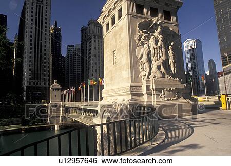 Stock Photograph -  Chicago, IL, Illinois, Sculpture on Michigan Avenue Bridge in downtown Chicago.. Fotosearch