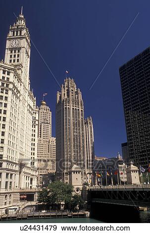 Chicago, IL, skyline, Chicago River, Illinois, Michigan Avenue Bridge and downtown skyline of Chicago along the Chicago River. View Large Photo Image Stock Photo - Chicago, IL, skyline, Chicago River, Illinois, Michigan Avenue Bridge and downtown skyline of Chicago along the Chicago River.. Fotosearch