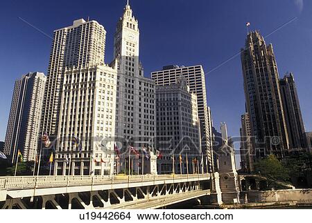 Chicago, IL, skyline, Illinois, Michigan Avenue Bridge and Wrigley Building in downtown Chicago. View Large Photo Image Picture - Chicago, IL, skyline, Illinois, Michigan Avenue Bridge and Wrigley Building in downtown Chicago.. Fotosearch