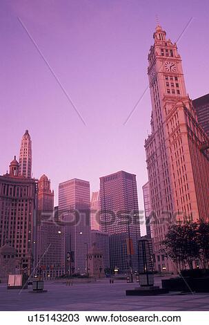Chicago, IL, skyline, Illinois, Downtown skyline of Chicago at sunrise. View Large Photo Image Stock Image - Chicago, IL, skyline, Illinois, Downtown skyline of Chicago at sunrise.. Fotosearch