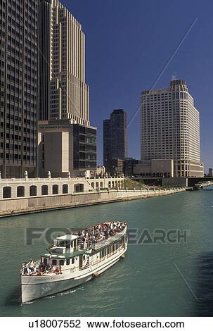 Chicago, IL, tourboat, skyline, Illinois, Chicago River, A sightseeing tour boat cruises along the Chicago River in downtown Chicago. View Large Photo Image Stock Image - Chicago, IL, tourboat, skyline, Illinois, Chicago River, A sightseeing tour boat cruises along the Chicago River in downtown Chicago.. Fotosearch