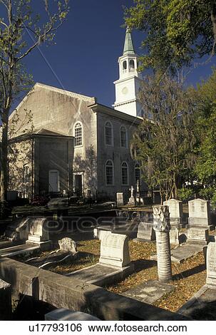 Stock Photograph -  church, Beaufort, cemetery, South Carolina, SC, Saint Helena's Episcopal Church and cemetery in the Historic District in the town of Beaufort in the spring.. Fotosearch