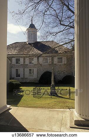 Stock Photo -  church, Lewisburg, WV, West Virginia, Old Stone Presbyterian Church from the front porch of the Memorial Educational Building in Lewisburg.. Fotosearch