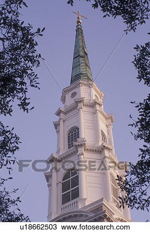 Stock Image -  church, Savannah, GA, Georgia, The Steeple of the Church of Scotland, Independent Presbyterian Church in Savannah. . Fotosearch