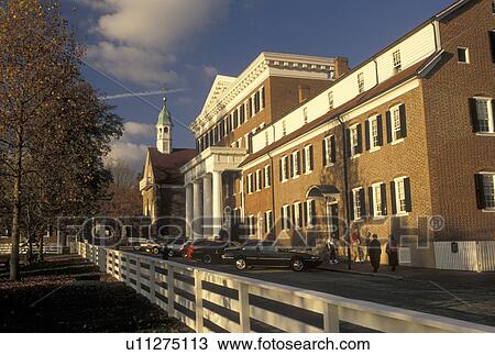 Stock Image -  college, Moravian, Winston-Salem, NC, North Carolina, Campus of Salem College in Salem Square in Old Salem, a living history restoration of the Moravian Church town of Salem founded in 1766, in Winston-Salem in the fall.. Fotosearch