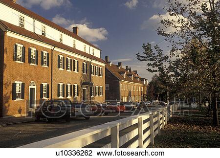 Stock Image -  college, Winston-Salem, NC, North Carolina, Salem College in Salem Square in Old Salem, a living history restoration of the Moravian Church town of Salem founded in 1766, in Winston-Salem in the fall.. Fotosearch