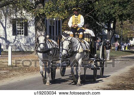 Colonial Williamsburg, horse-drawn carriage, VA, Williamsburg, Virginia, A team of horses pulling an open carriage carries tourists through the 18th century village of Colonial Williamsburg in Colonial Williamsburg Historic Area. View Large Photo Image Picture - Colonial Williamsburg, horse-drawn carriage, VA, Williamsburg, Virginia, A team of horses pulling an open carriage carries tourists through the 18th century village of Colonial Williamsburg in Colonial Williamsburg Historic Area.. Fotosearch