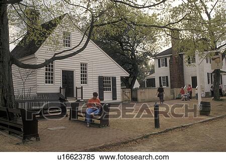 Stock Photography -  Colonial Williamsburg, Williamsburg, Virginia, VA, People touring Colonial Williamsburg Historic Area in the early spring in Williamsburg.. Fotosearch